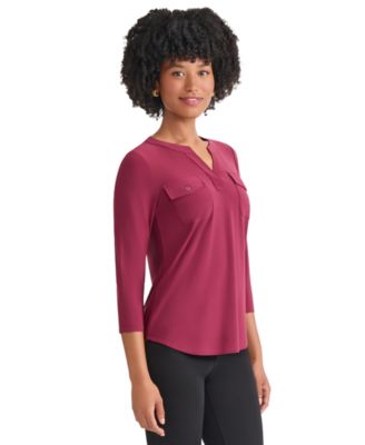 Women's Solid 3/4-Sleeve Flap-Pocket Knit Top
