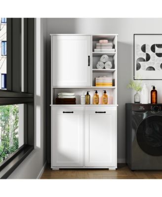 Laundry Cabinet with Doors, Tilt-Out Hamper, Open and Adjustable Shelves