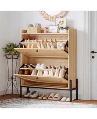 Shoe Cabinet Storage with 2 Flip Drawers, Oak