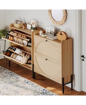 Shoe Cabinet Storage with 2 Flip Drawers, Oak