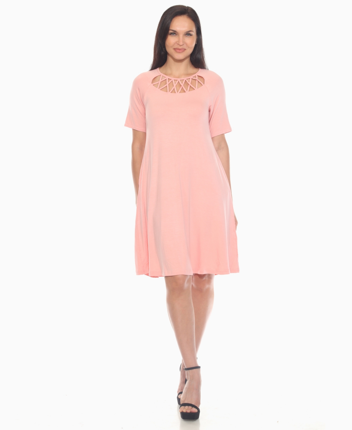 White Mark Plus Size Short Sleeve Crisscross Neck A-line Dress In Pink