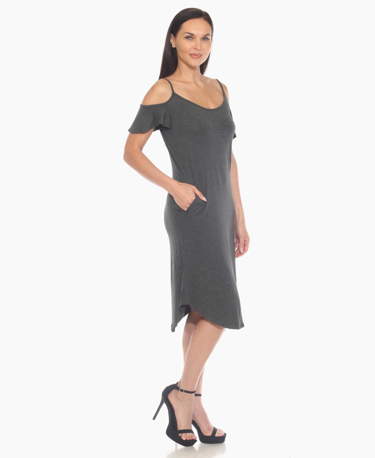 White Mark Women's Casual Scoop Neck Flutter Sleeve Knee Length Dress In Gray