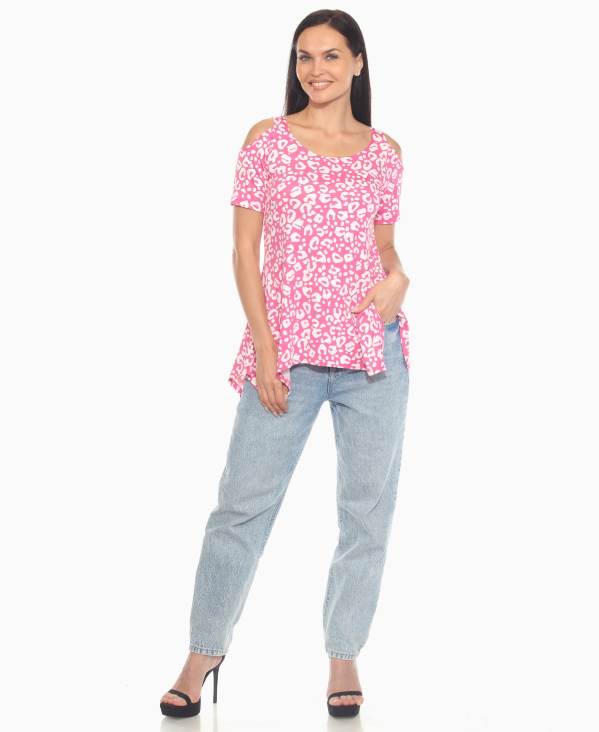 White Mark Plus Size Leopard Cold Shoulder Tunic Top In Pink