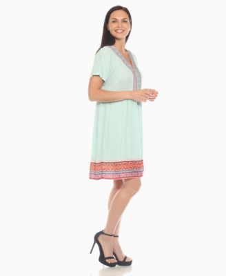 Women's Short Sleeve Embroidered V-Neck Shift Dress