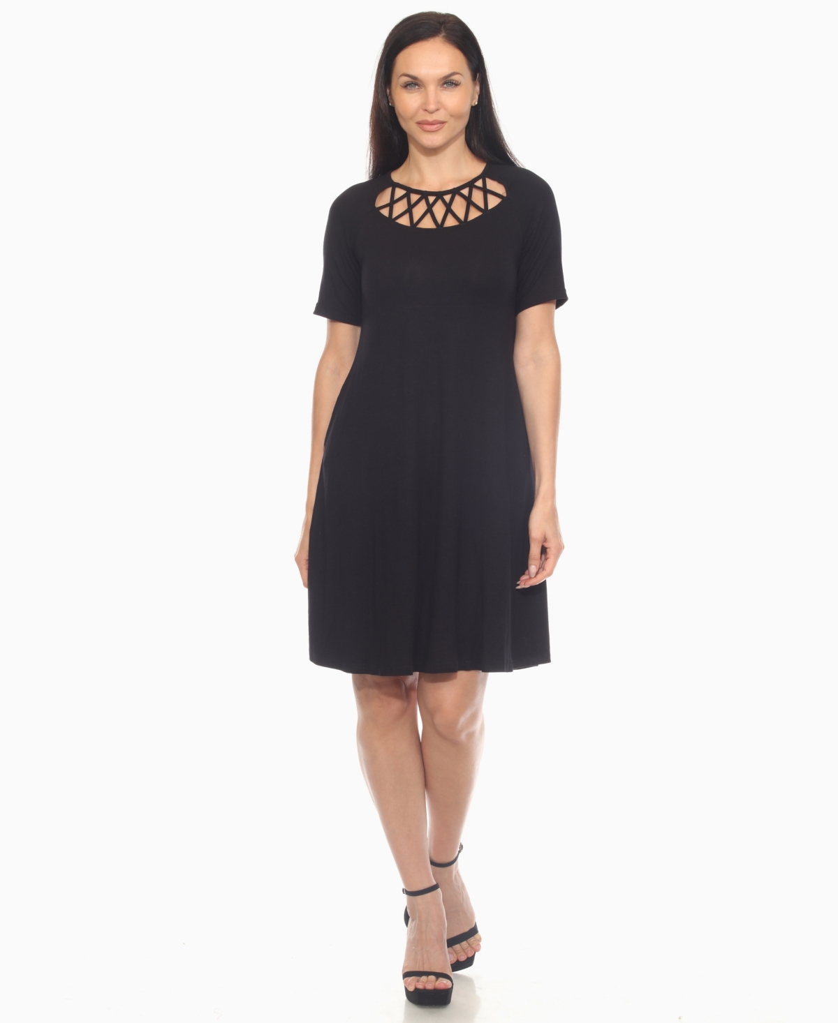 White Mark Plus Size Short Sleeve Crisscross Neck A-line Dress In Black
