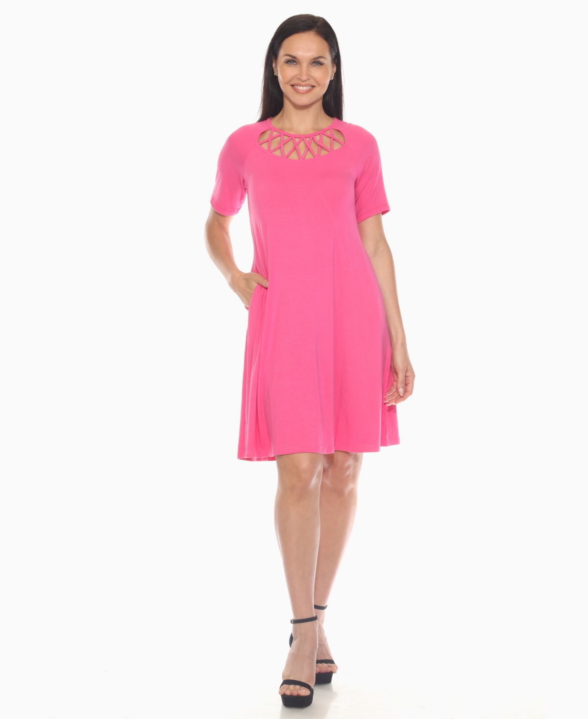 White Mark Plus Size Criss Cross Neckline 3/4 Sleeve Swing Dress In Pink