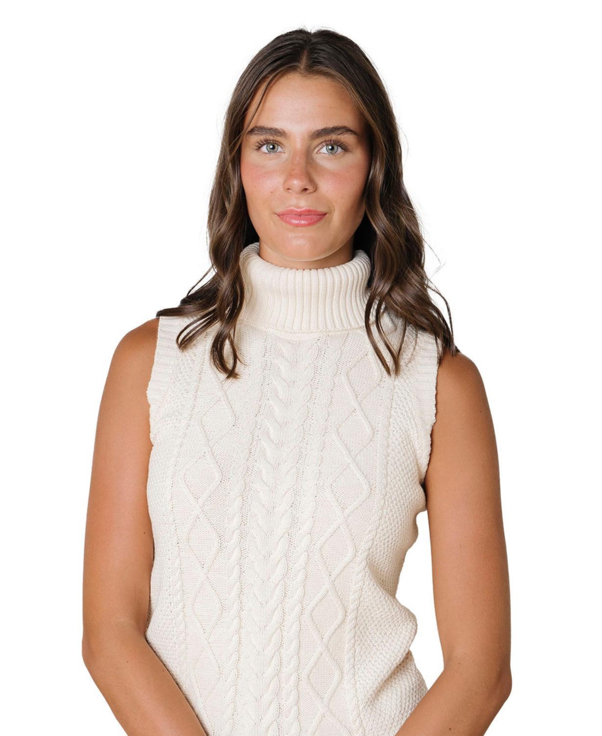 Hope & Henry Women's Organic Sleeveless Cable Knit Turtleneck Sweater