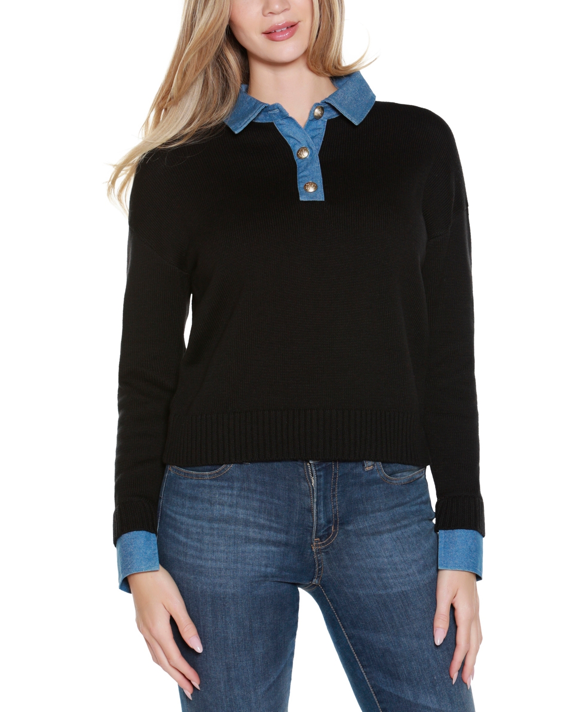 Belldini Plus Size Denim-trim Two-fer Sweater In Black