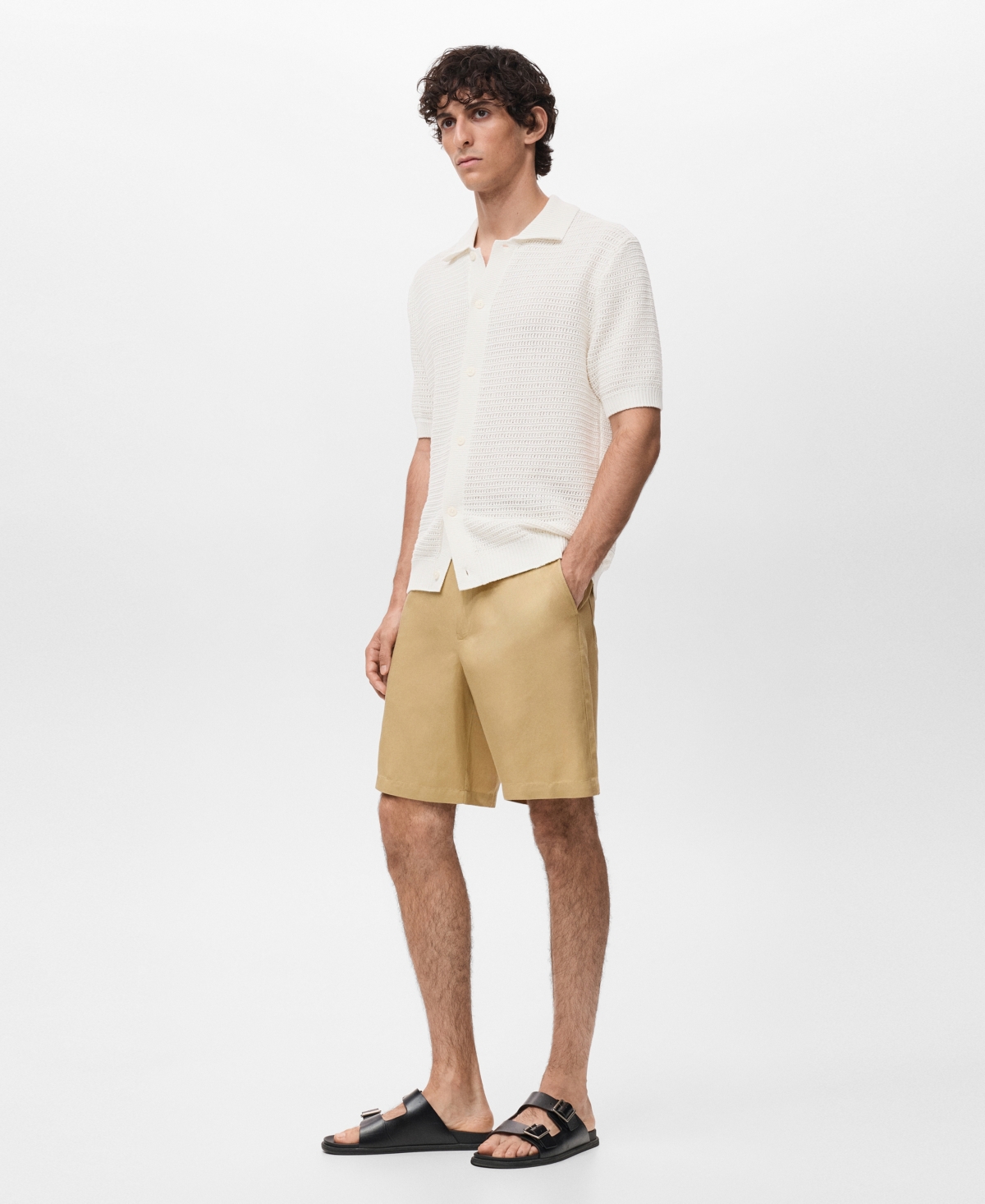 Mango Short Sleeve Knit Button-up Shirt In White