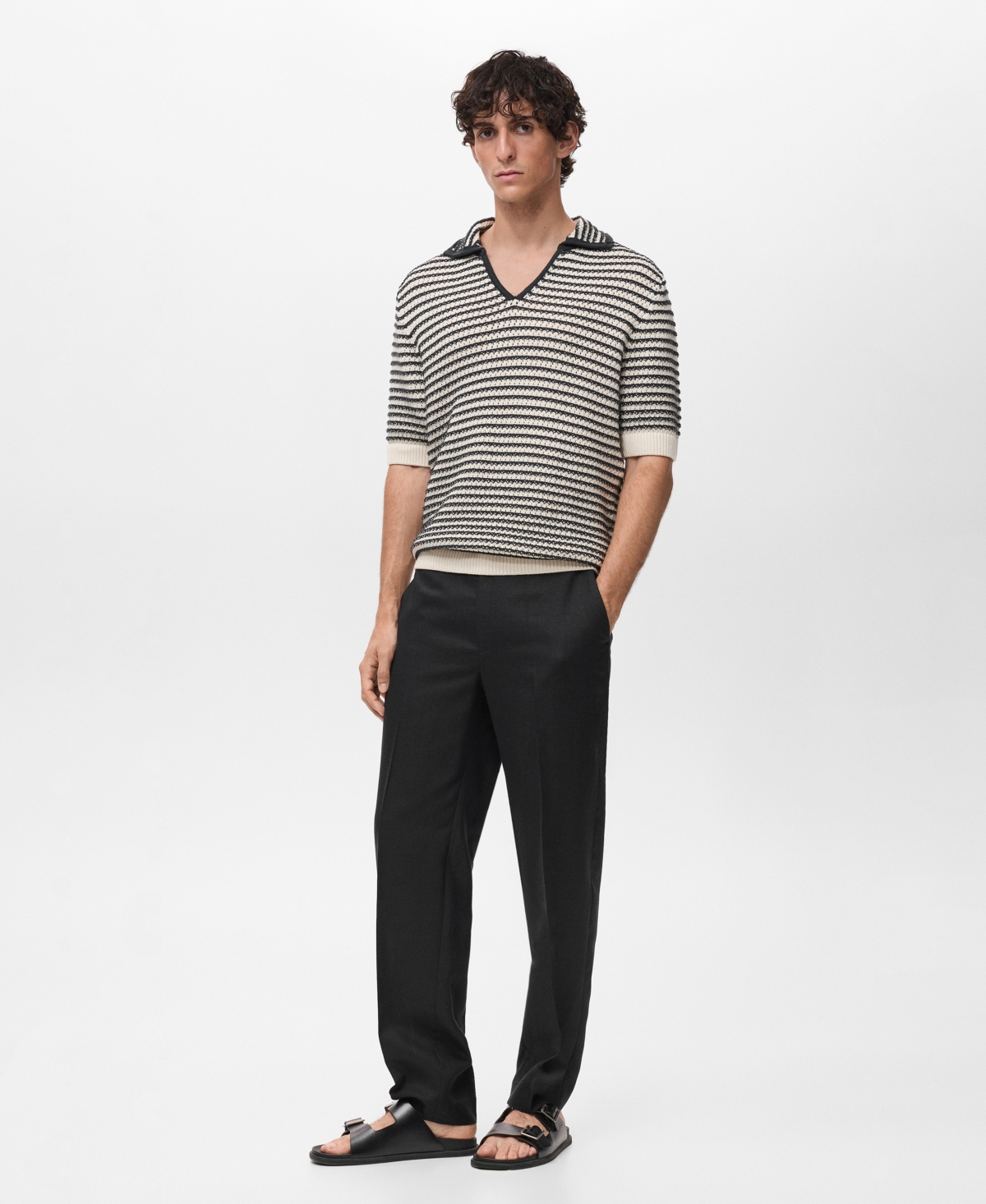 Mango Stripe Open Stitch Cotton Polo In Neutral