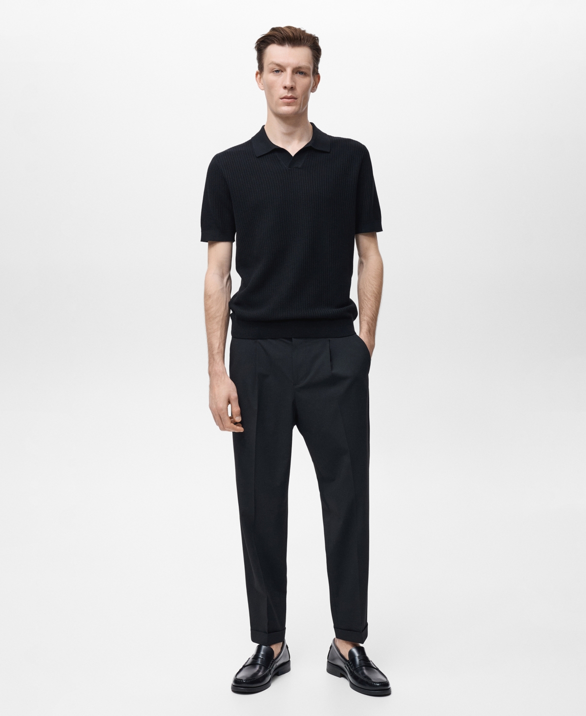 Mango Structured Fine Knit Polo In Black