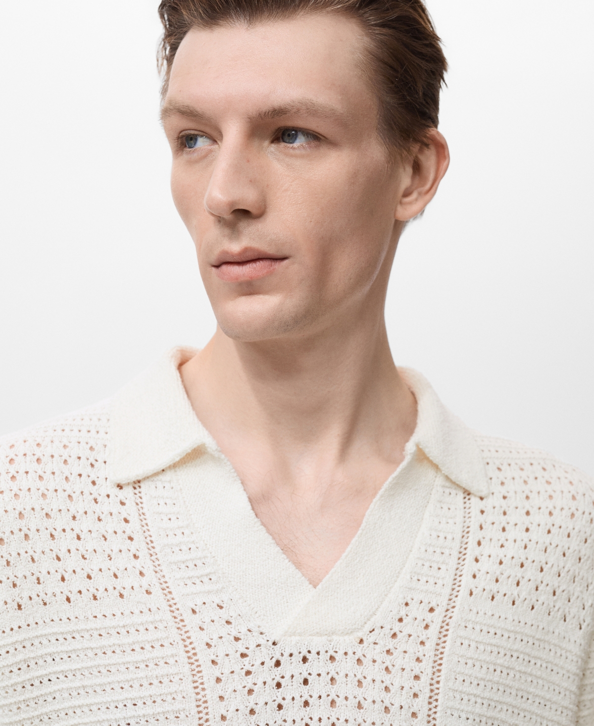 Mango Openwork Johnny Collar Polo In Neutral