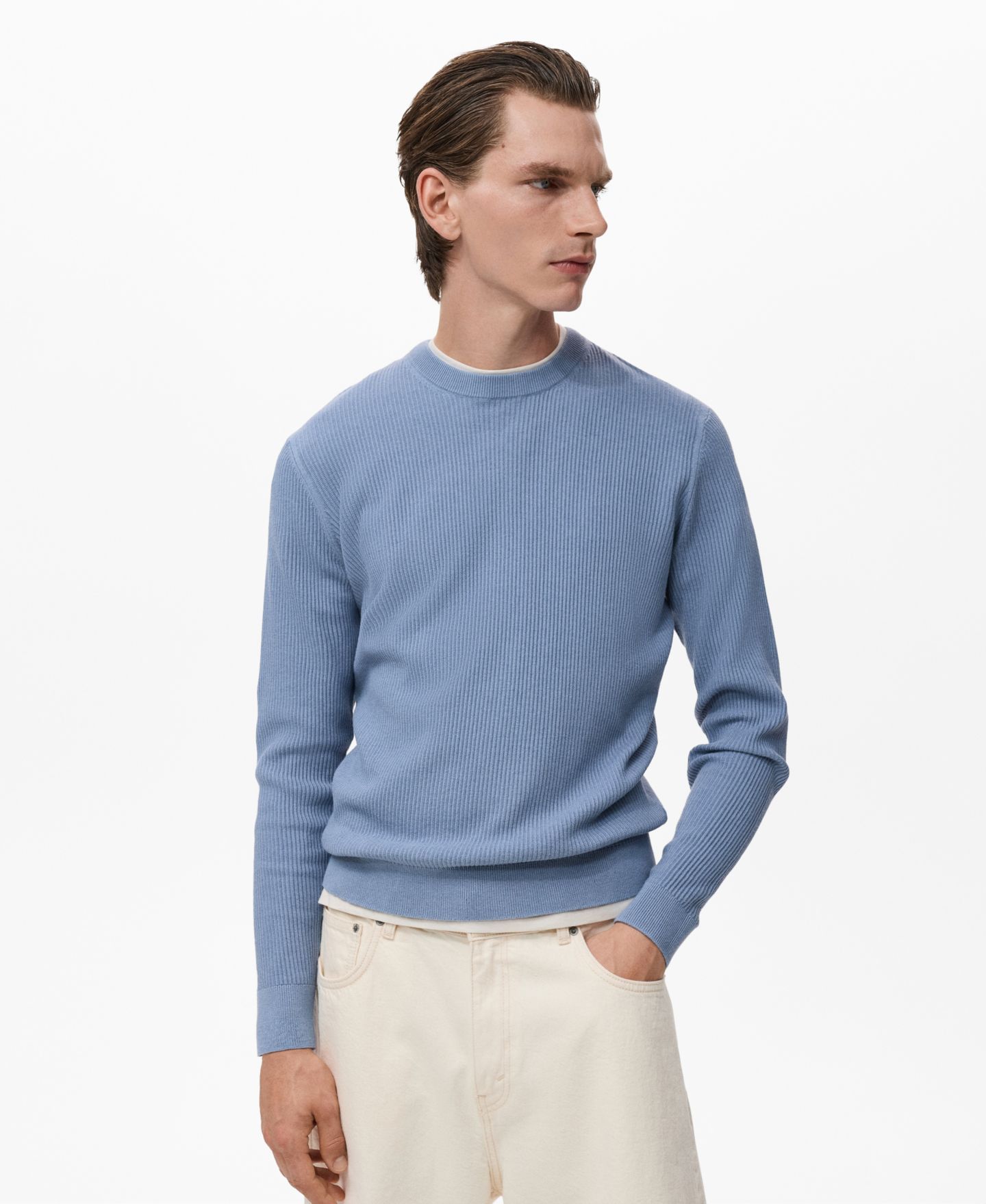 Мужской свитер MANGO Fine Rib-Knit Cotton, цвет: Синий — фото 1