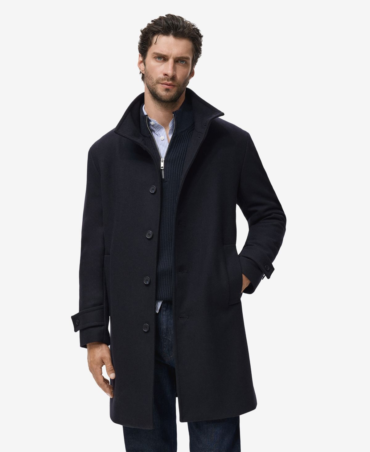 Мужское шерстяное пальто с воронкообразным вырезом горловины