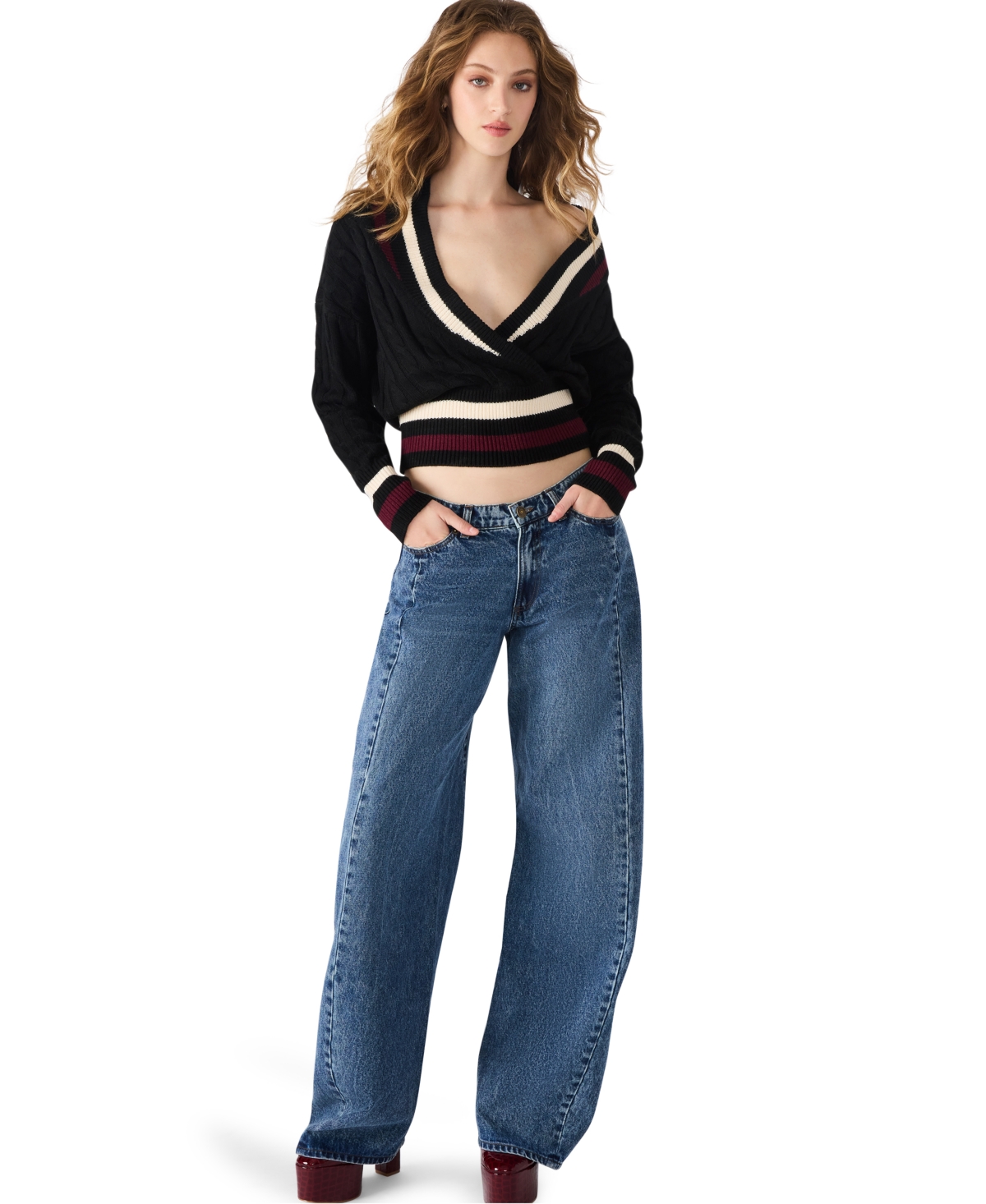 Steve Madden Addison Contast Trim Cable Knit Sweater In Gold