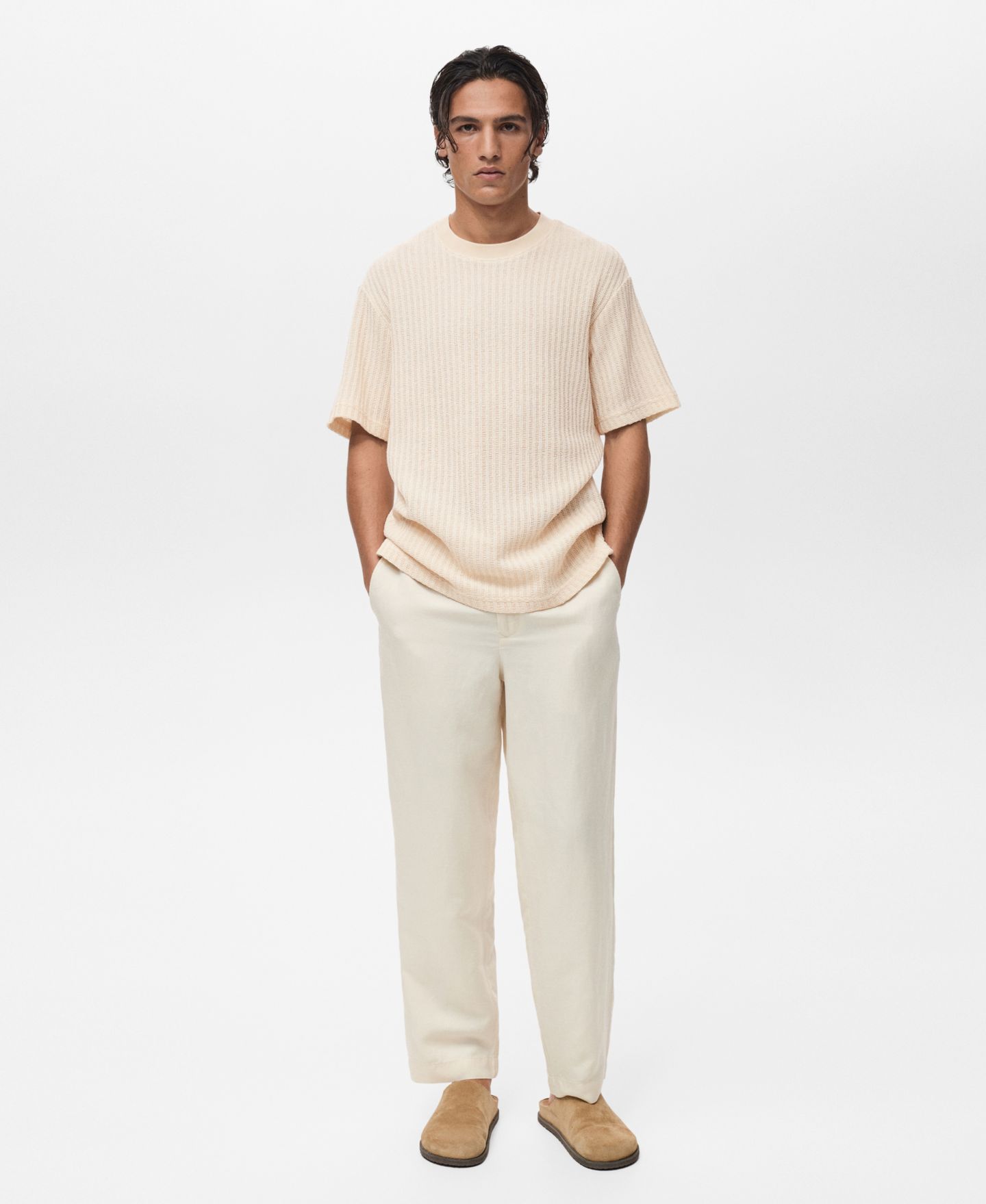 Мужская футболка Mango Ribbed Knit, цвет: Слоновая кость белый — фото 2