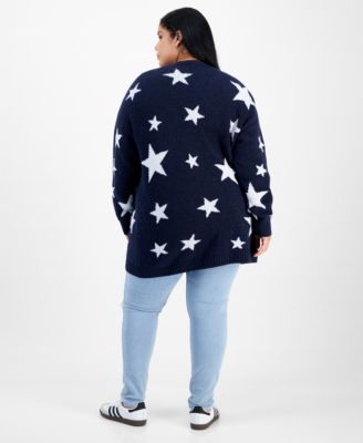 Trendy Plus Star-Print Open-Front Long Cardigan