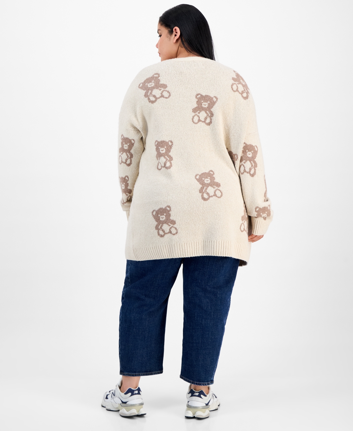 Hippie Rose Trendy Plus Star-print Open-front Long Cardigan In Neutral