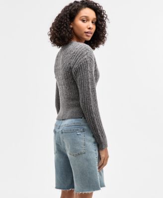 Juniors' Cable-Knit V-Neck Cropped Cardigan