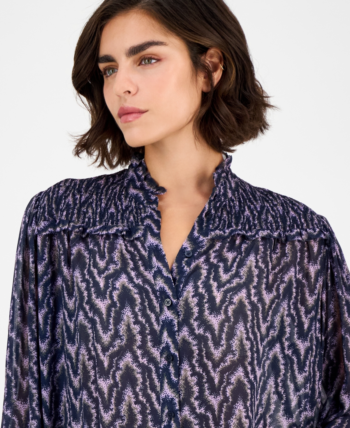 Hugo Boss Women's Smocked Mock Neck Blouse In Blue