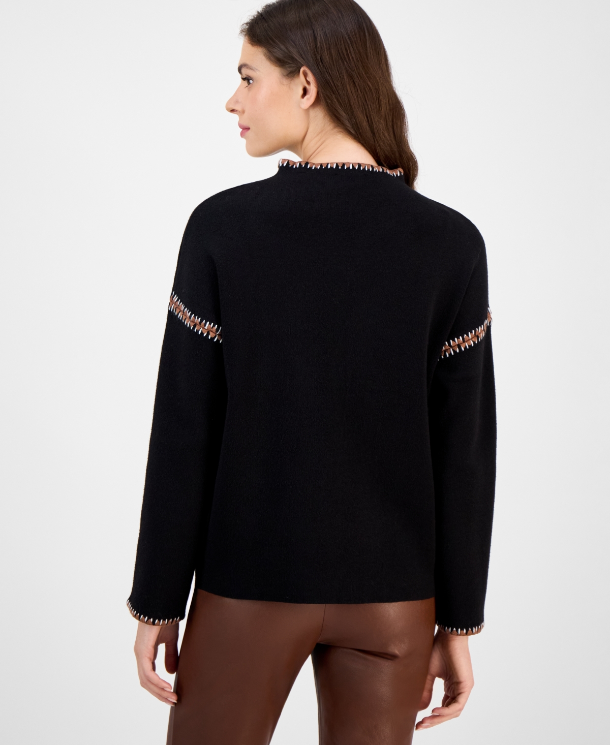 T Tahari Women's Mock-neck Embroidered-stitch Sweater In Black