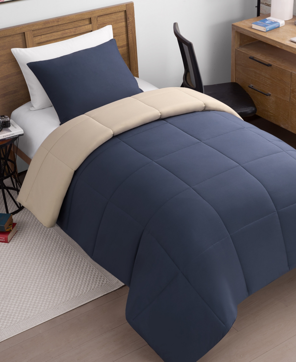Lucky Brand Box Stitch Reversible Comforter Set In Blue