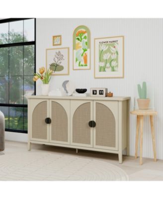 CASAINC 58.11" 4-Door Pine & Engineered Rattan Adjustable Shelves, Anti-Dumping Device, Non-Slip Pads Rattan Storage Cabinet