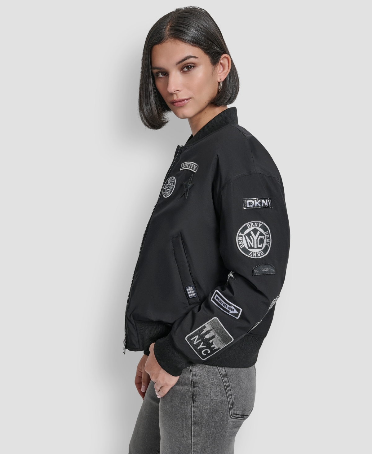 Dkny Women's Pins And Patches Long Sleeve Bomber Jacket In Black