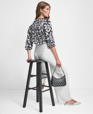 Dkny Womens Long Sleeve Printed Split Neck Button Front Top Stitched Crinkle Trousers In Black