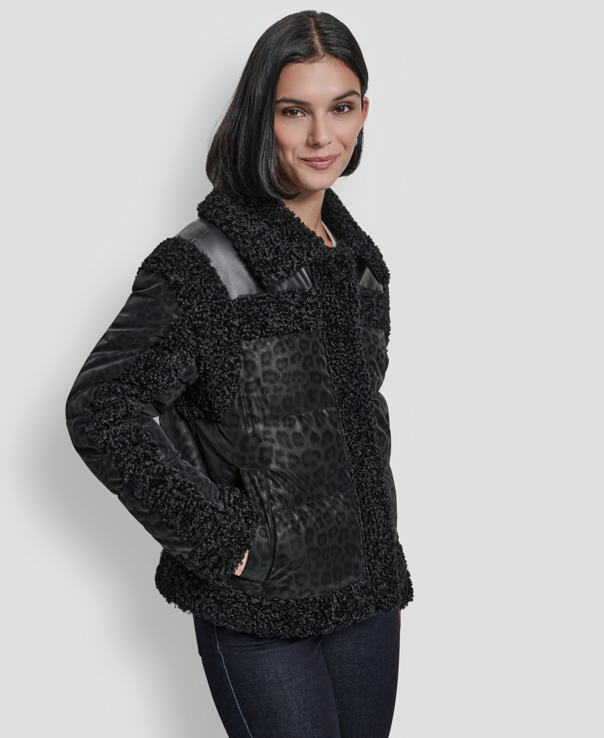 Dkny Women's Mixed Media Cheetah Tech Jacket In Black