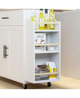 Kitchen Island with Storage, Drop Leaf, 3 Open Spice Rack Shelf, White