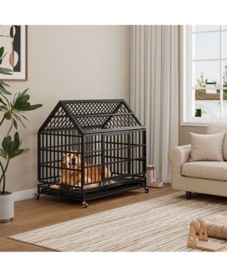 Black Metal 48 in. Heavy Duty Dog Crate with Wheels, Folding Big Dog Cage with a pointed roof and Removable Tray