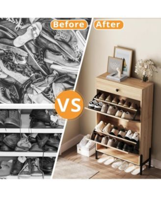 Shoe Cabinet with 2 Flip Drawers, Oak
