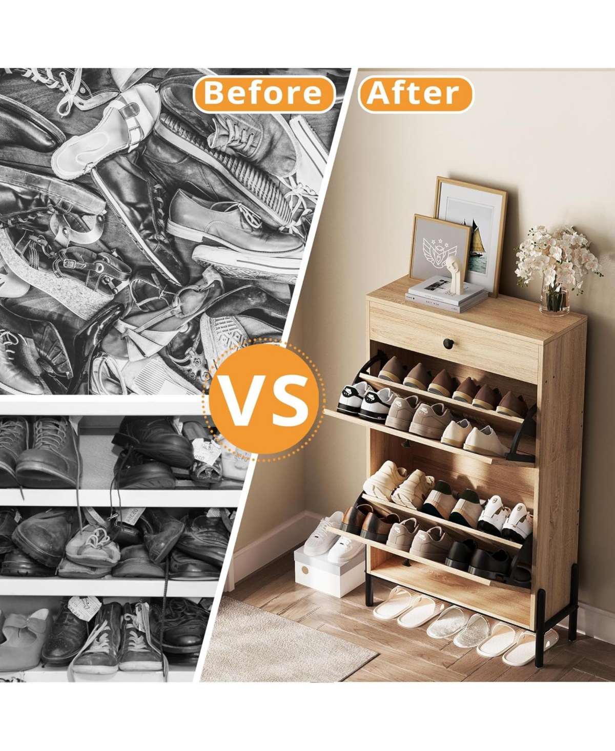 Ironck Shoe Cabinet with 2 Flip Drawers, Oak