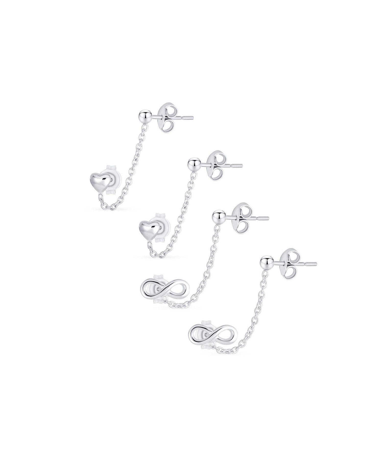 Double Piercing Infinity Heart Ear Cuff Chain Stud Earrings Sterling Silver