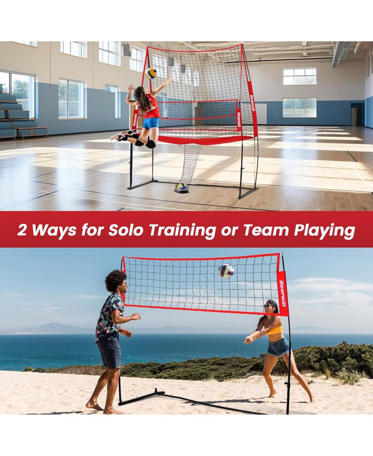 Bearwill Volleyball Training Equipment - Adjustable Practice Net System, Portable for Backyard, Indoor & Outdoor Hitting, Serving, Passing