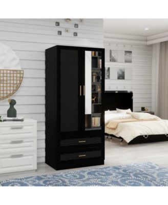 Freestanding Wardrobe Cabinet with Mirror, Clothes Rod, and Storage Drawer Space