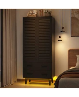 Mid-Century Wardrobe Armoire with Louvered Doors, Drawers, and Hanging Rod