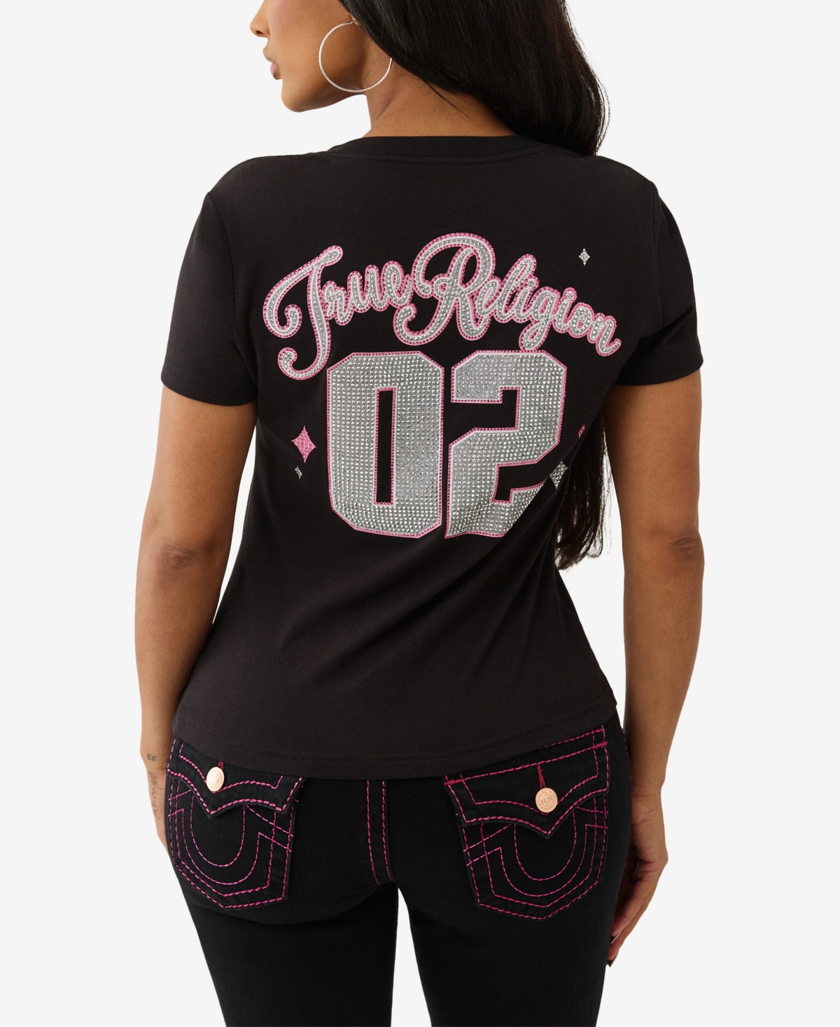 True Religion Women's Sporty Crystal V Neck T-shirt In Black