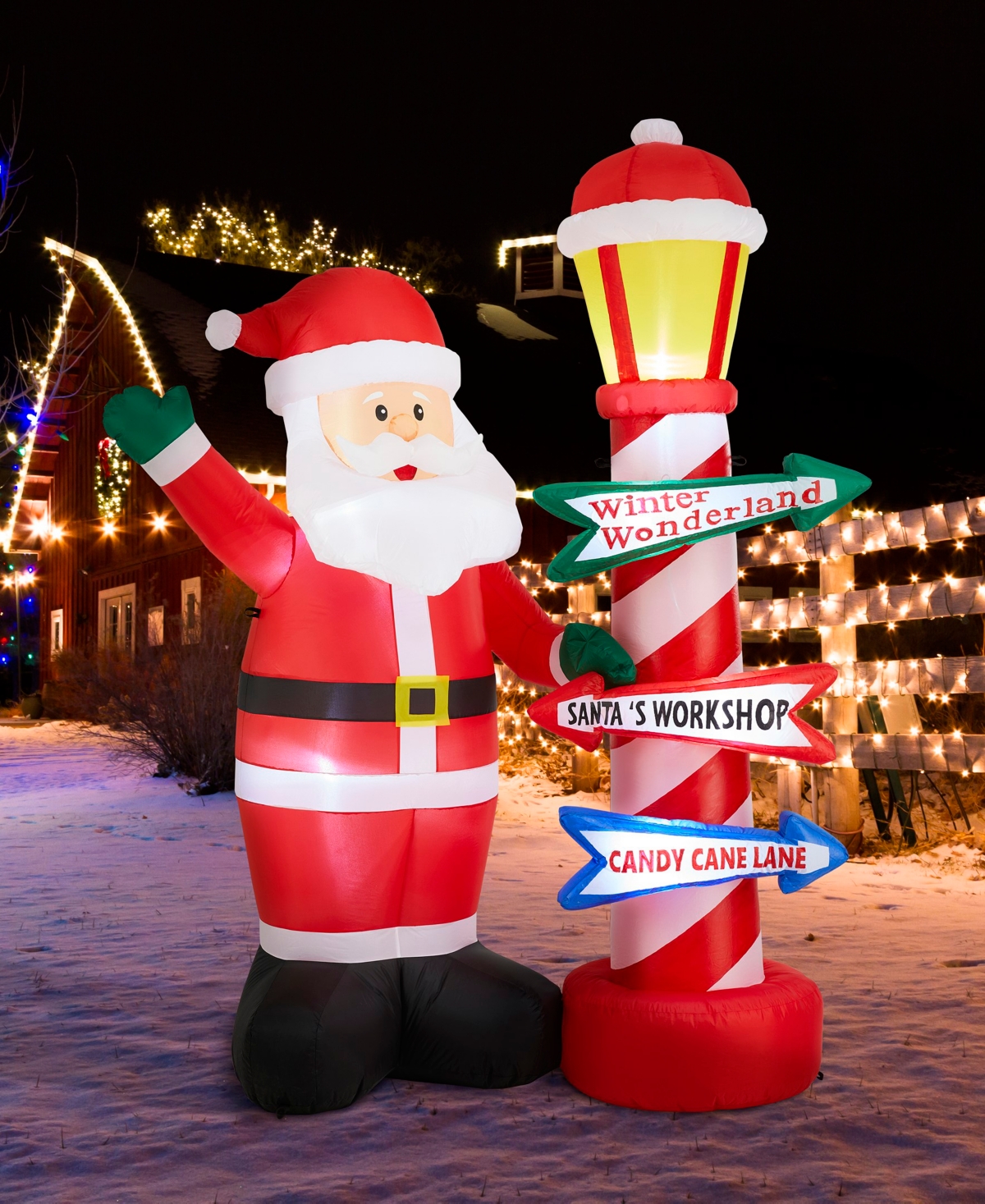 Glitzhome 7" Lighted Inflatable Santa With Lamp Post Sign Decor In Multi