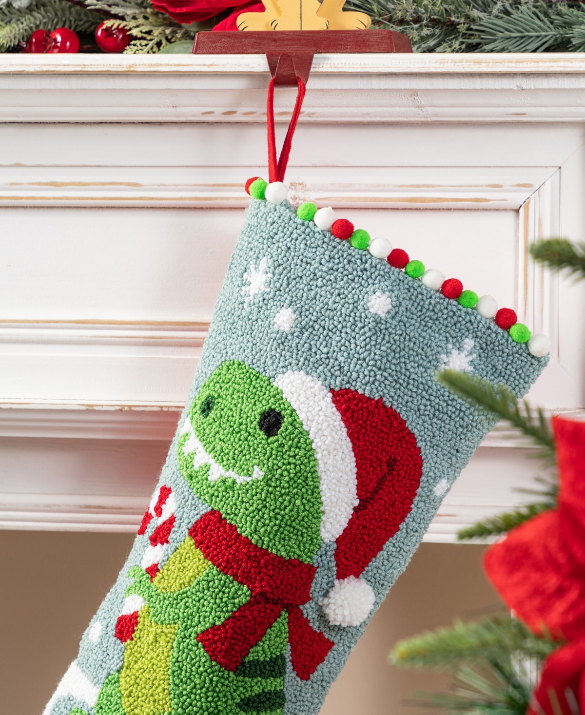 Glitzhome 21" Hooked Dinosaur Christmas Stocking In Multi