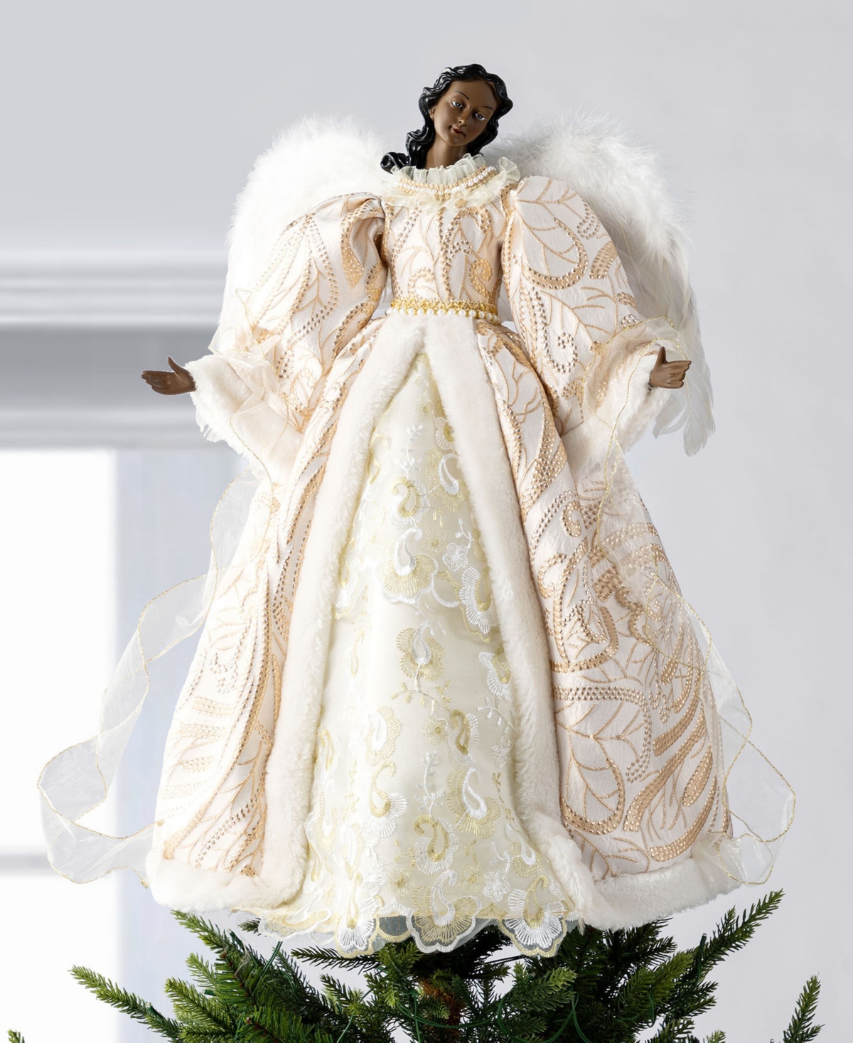 Glitzhome 24" Faux Fur Christmas African American Angel Tree Topper In Multi