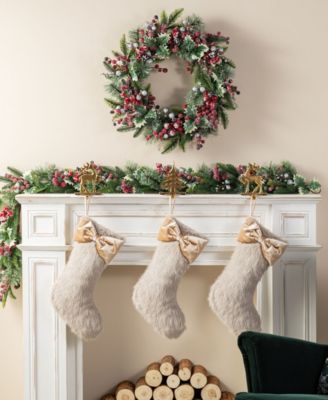 Faux Fox Fur Christmas Stockings with Bow, Set of 2