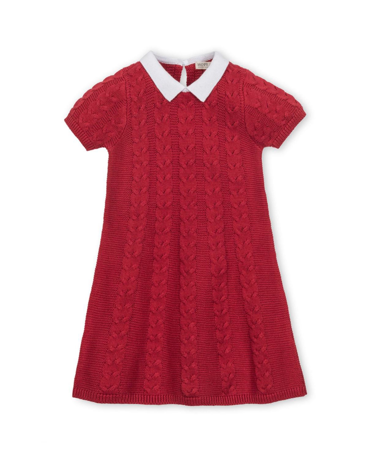 Hope & Henry Little and Big Girls' Organic Short Sleeve Cable Sweater Dress with Collar - Red cable