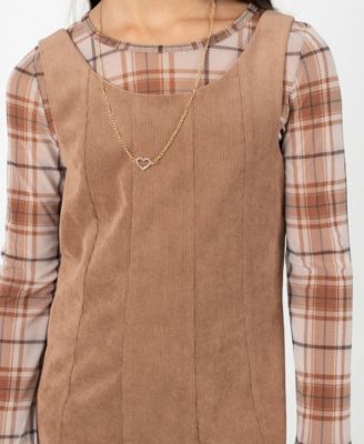 Big Girl 2-Piece Corduroy Dress over Plaid Mesh Top with Necklace Set