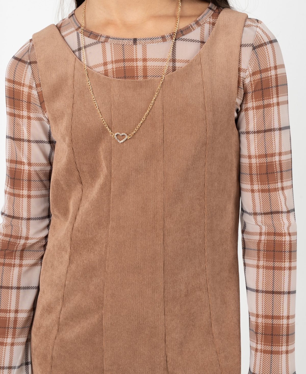 Rare Editions Big Girl 2-piece Corduroy Dress Over Plaid Mesh Top With Necklace Set In Brown
