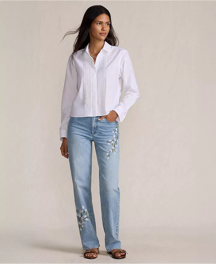 Women's Soft Denim Mid Rise Relaxed Straight Leg Embroidered Jeans - thumbnail 4