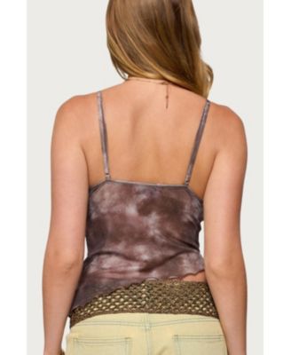 Womens Embroidered Asymmetric Printed Mesh Top