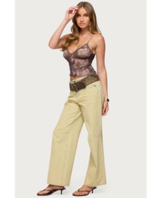 Womens Embroidered Asymmetric Printed Mesh Top