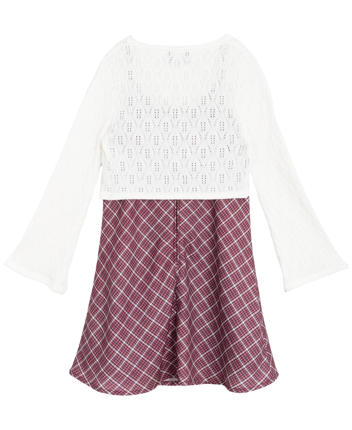 Rare Editions Big Girls 2-piece Plaid Dress With Pointelle Tie Front Cardigan Set In Burgundy
